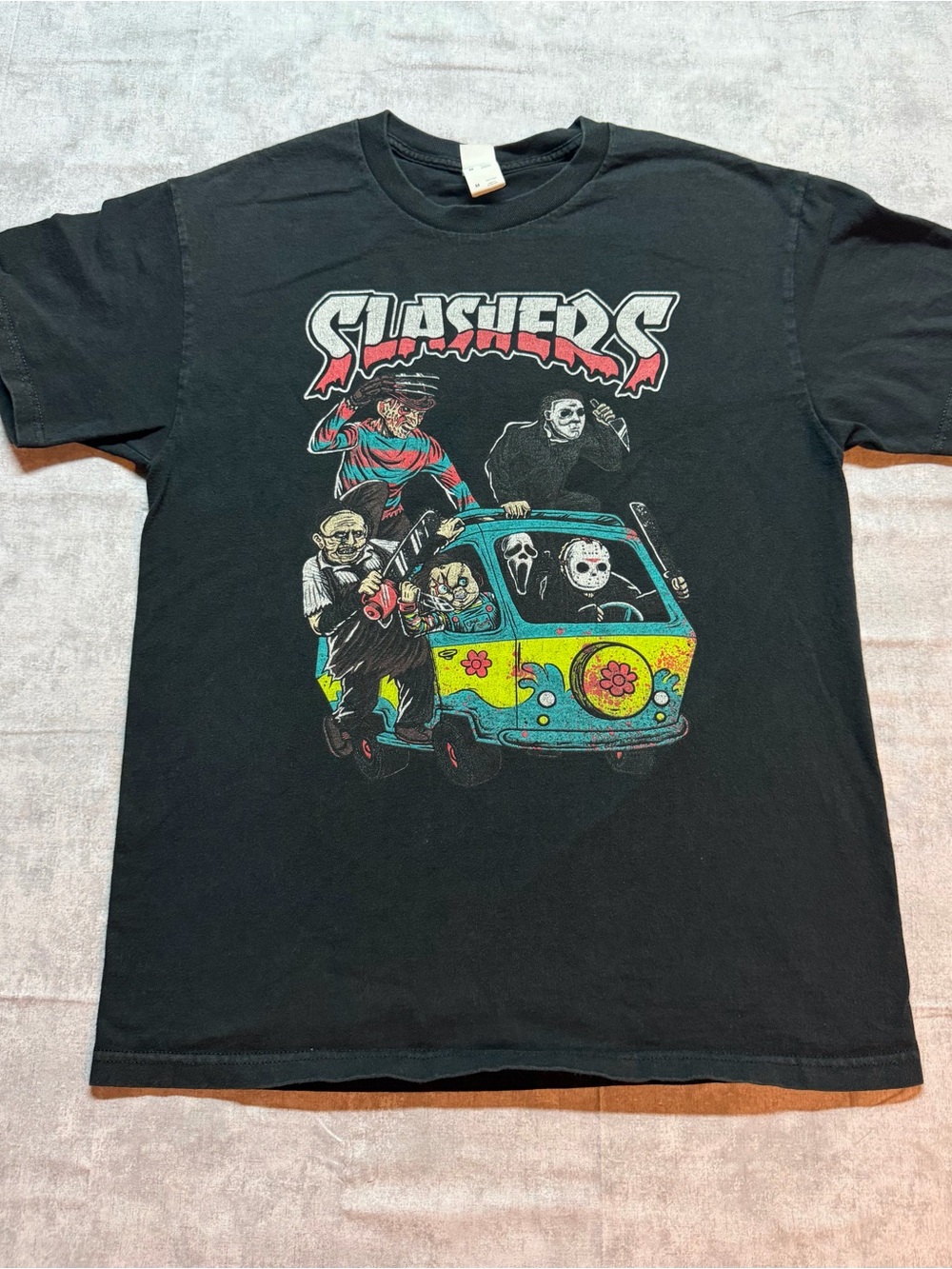 Fruit of the Loom Black Short-Sleeve Tee with Colorful Horror Van Graphic